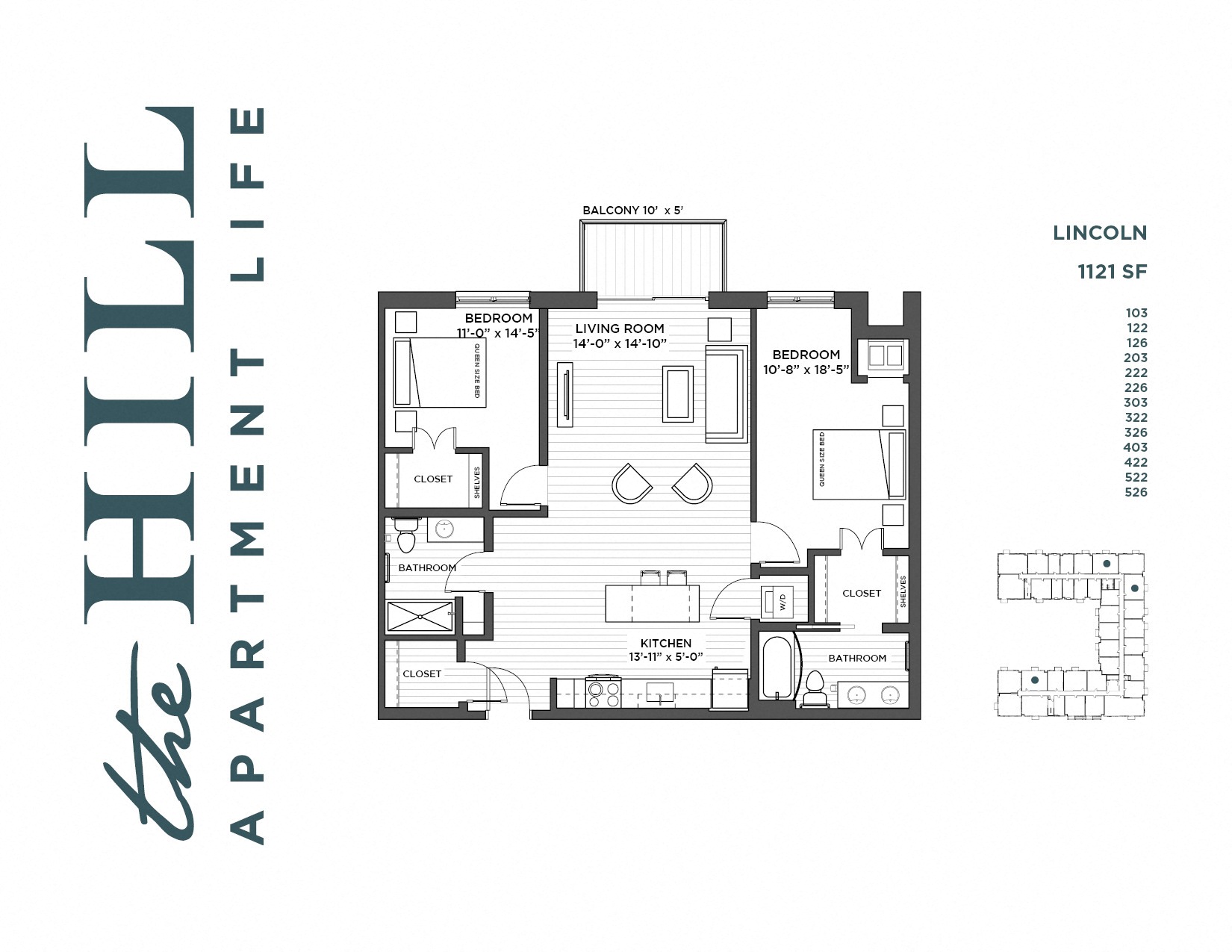Floor plan for 2 beds, 2 baths, 1121 sqft
